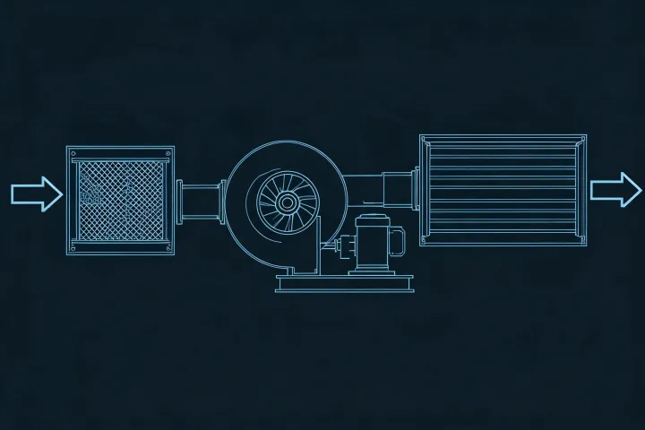 Schematic blower layout showing inlet filter, fan, silencer and discharge without a street address